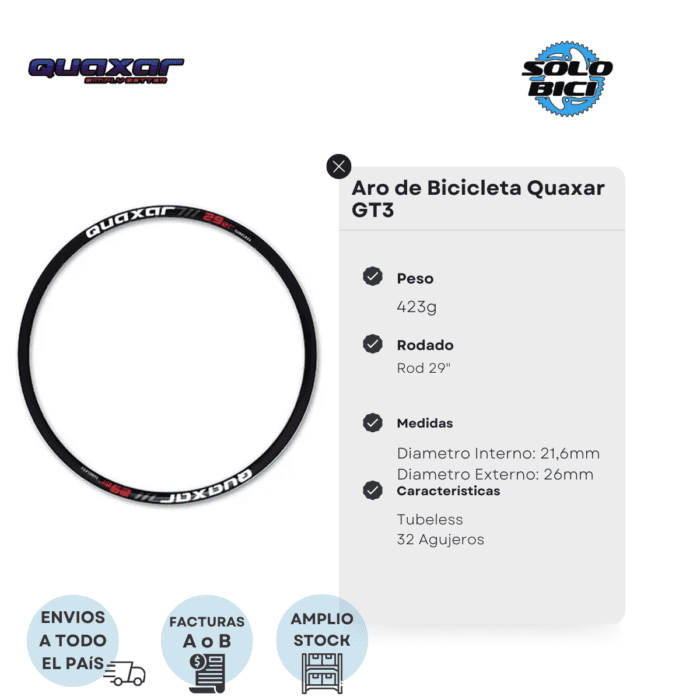 Aro De Bicicleta Rod 29 Quaxar Gt3 Tubeles - Imagen 2
