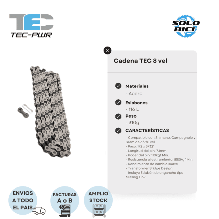 Cadena Bicicleta Tec-pwr C8 116L 8s - Imagen 2