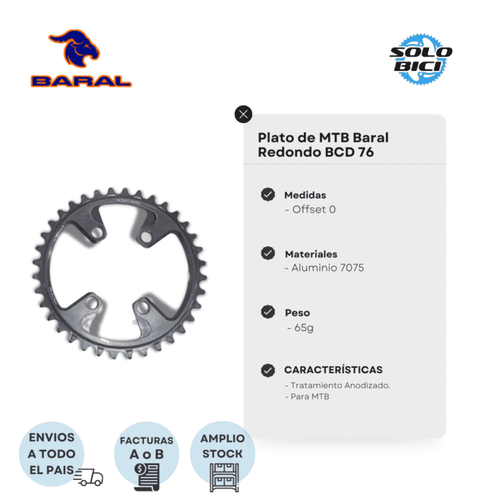 Plato de Mtb Baral Bcd 76 Offset 0 - Imagen 2