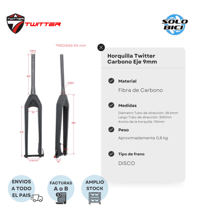 Horquilla Mtb Rigida Carbono Rod 29 Twitter Eje 9mm - Imagen 3