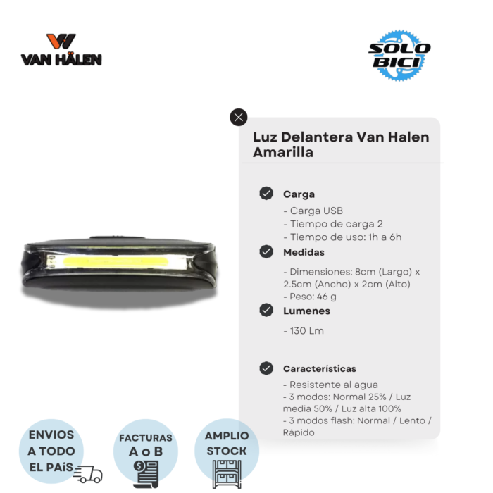 Luz Delantera Van Halen Recargable 130 Lúmenes - Imagen 3
