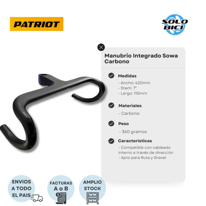 Manubrio Integrado De Ruta Carbono Patriot Sowa 420mm x 110mm - Imagen 5